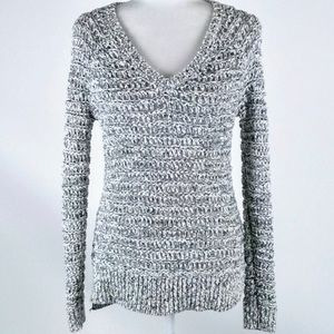 LOFT Chunky V-Neck Open Knit Sweater, Gray & White Marled | Sz S